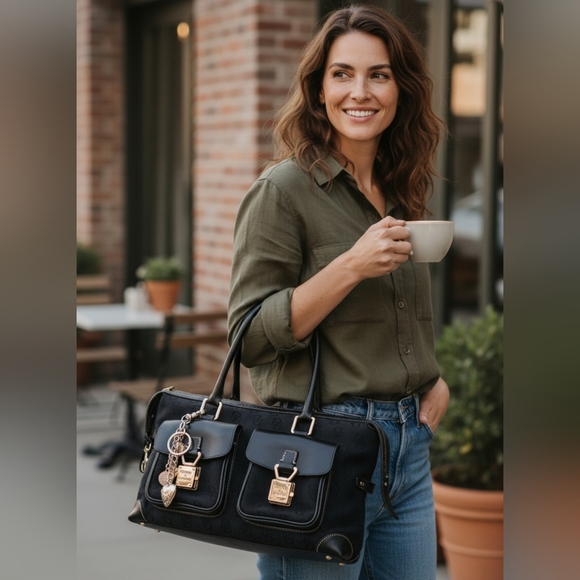 Dooney & Bourke Y2K  Black Legacy Signature Logo Canvas Leather Hobo/ Handbag - Picture 2 of 16